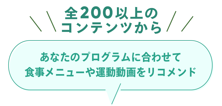 全200以上のコンテンツからあなたのプログラムに合わせて食事メニューや運動動画をリコメンド